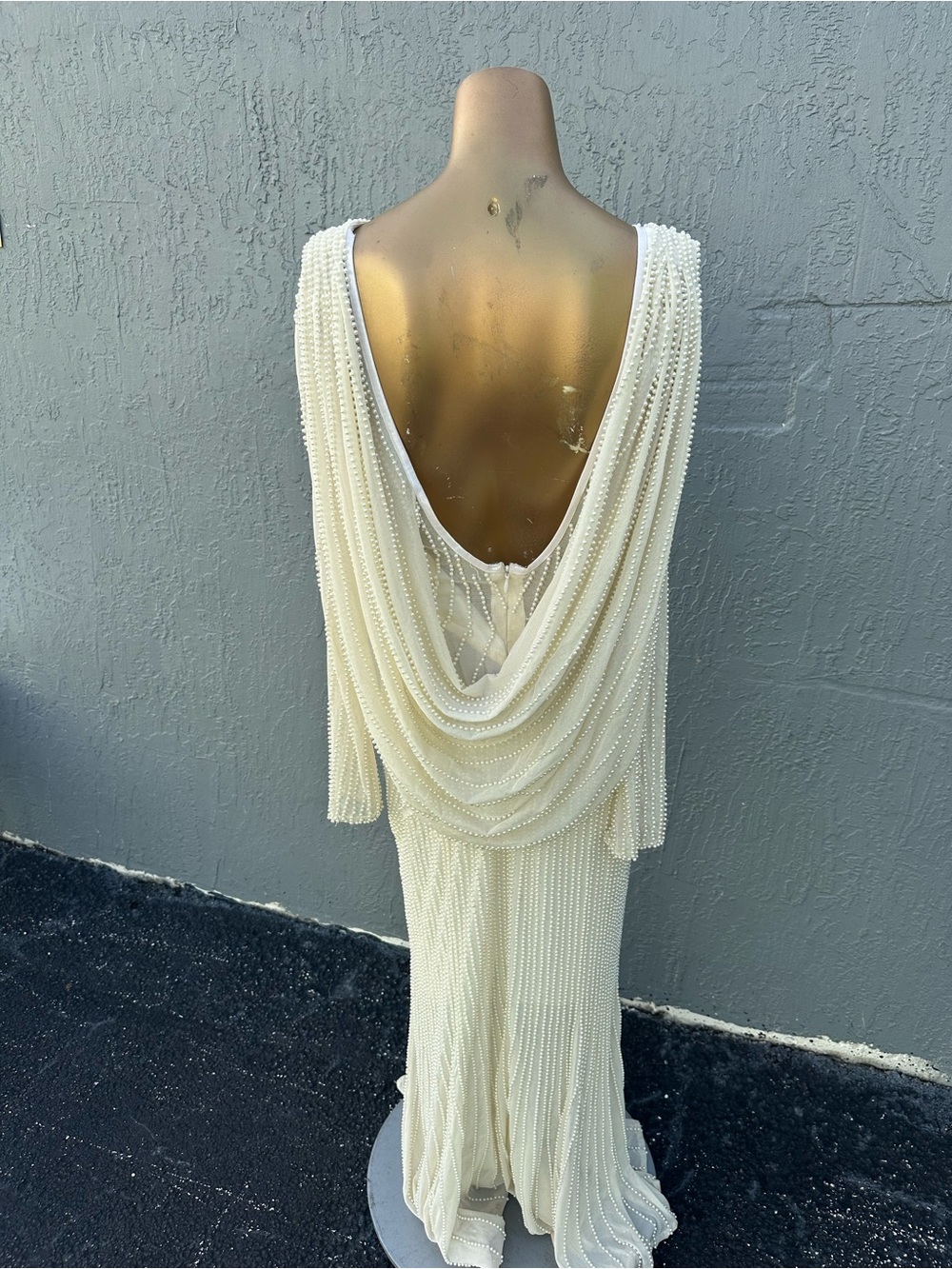 Women’s S Ivory Pearl Beaded Maxi Dress Long Sleeve Deep V Back Formal Gown
